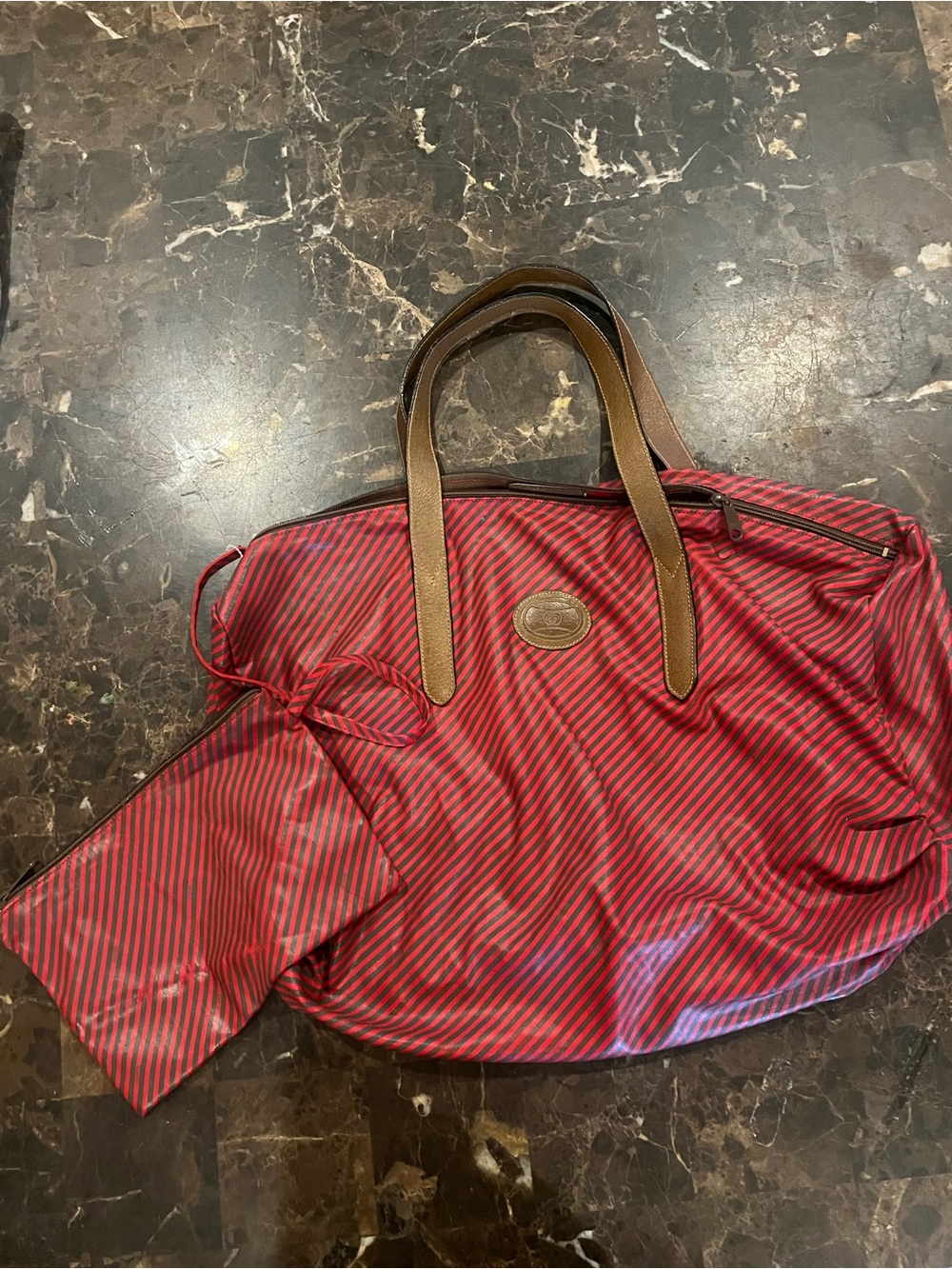 Vintage Gucci Striped Red Tote Bag with Brown Handles